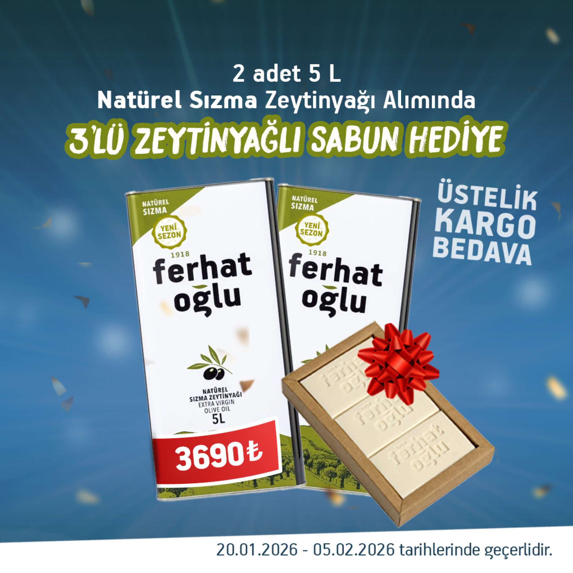 2 Adet 5L Natürel Sızma Zeytinyağı Alımında 3'lü Zeytinyağlı Sabun Hediye